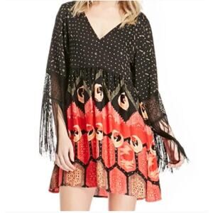 MINKPINK Dancing Crane Fringe Sleeve Boho Babydoll Dress Size S